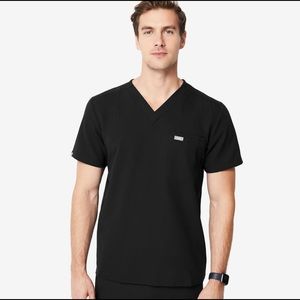 Figs Scrubs. Black Leon Two-Pocket Scrub Top and Black Tansen Jogger Scrub Pants